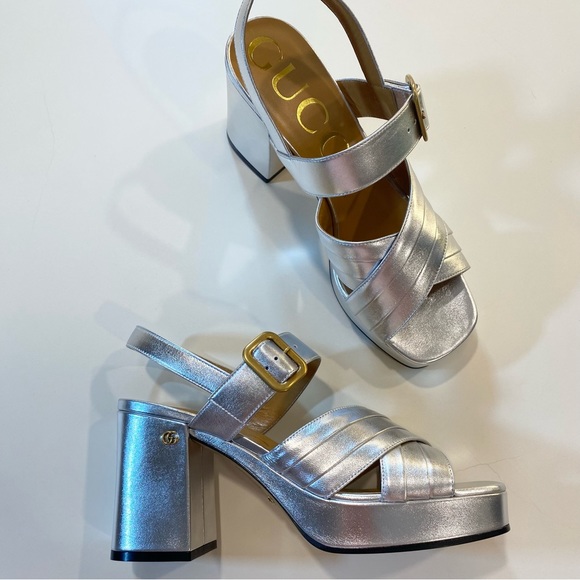 Gucci Silver Platform Block Heel Sandals - Picture 8 of 12